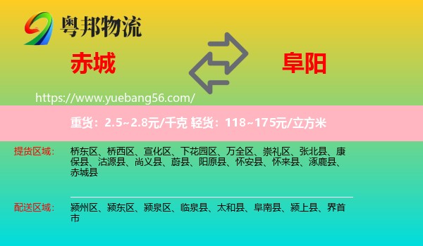 赤城县到阜阳物流