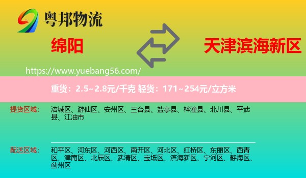 绵阳到滨海新区物流